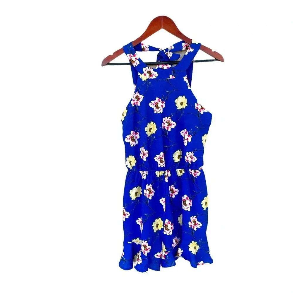 Trixxi Romper Size S Floral Sleeveless Halter Neckline Short Tie Closure Blue